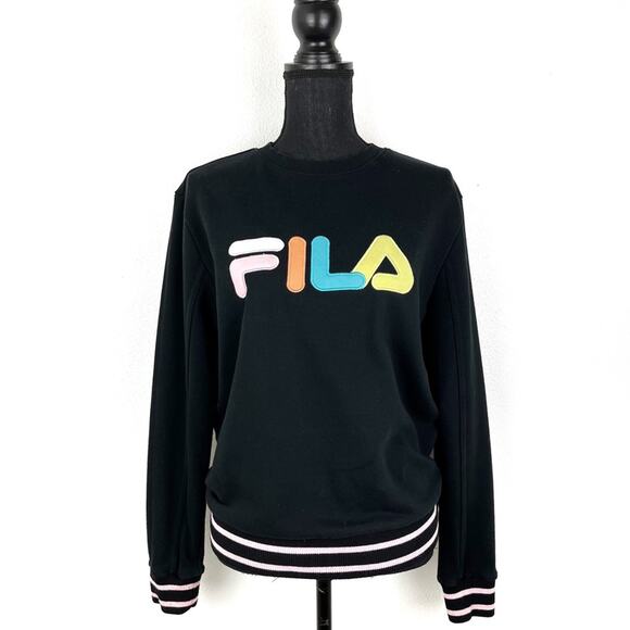 FILA Sweatshirt Pullover Crewneck Multi Color Logo Black Medium - Picture 1 of 5